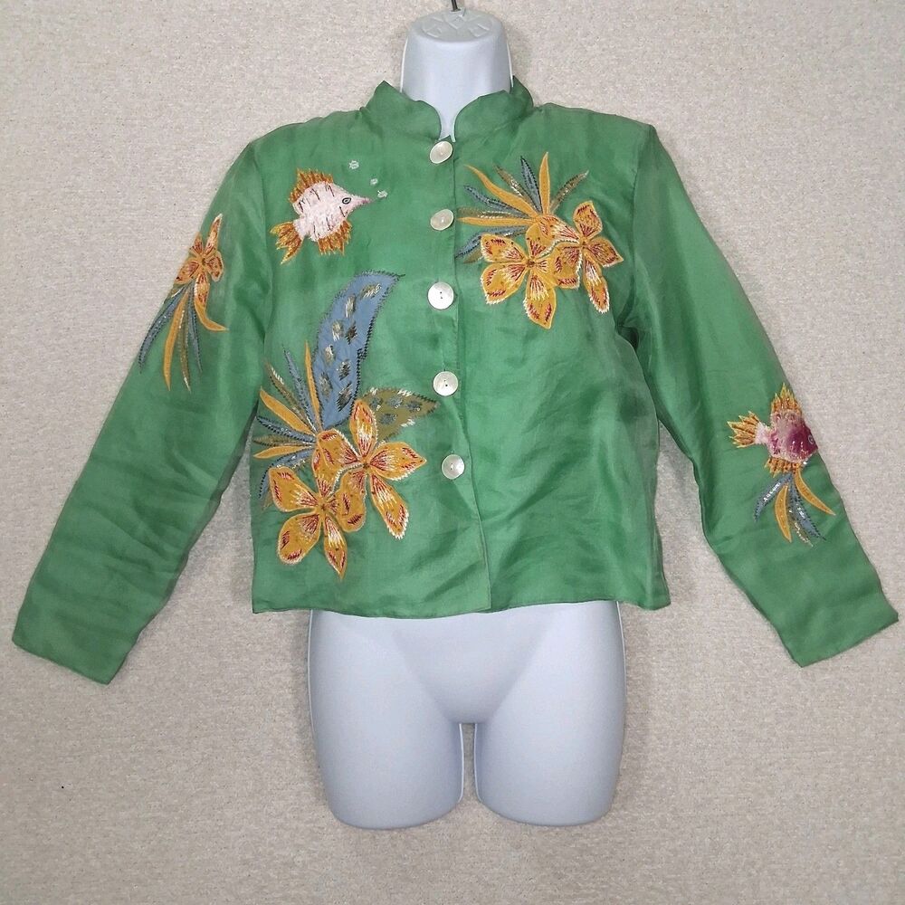 100% Silk Organza Embroidered Jacket Sz XSP Maximalist Art To Wear Unique Floral